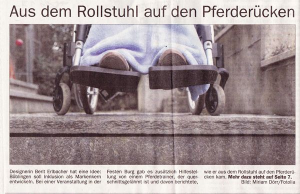 Auf der ersten seite der szbz am 1.03.2016 - barriereFREI von Kopf bis Fuß  - eine Idee von Berit Erlbacher - ein Markenwert für Böblingen